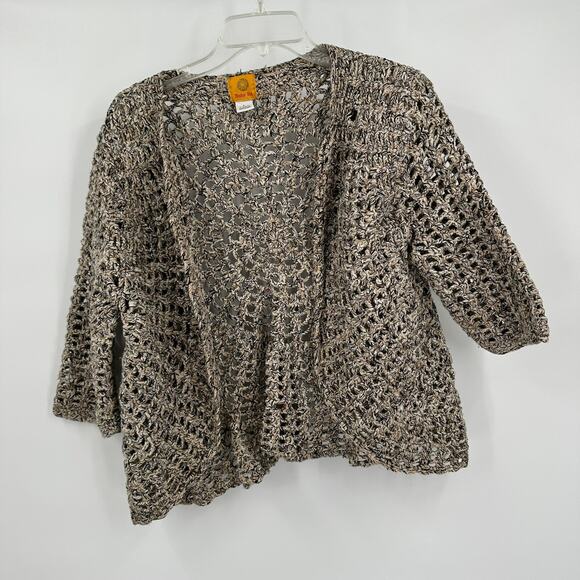 Ruby Rd Womens Crocheted Open Front Cardigan Size L Beige Boxy Boho Heavy Chunky - Picture 1 of 7